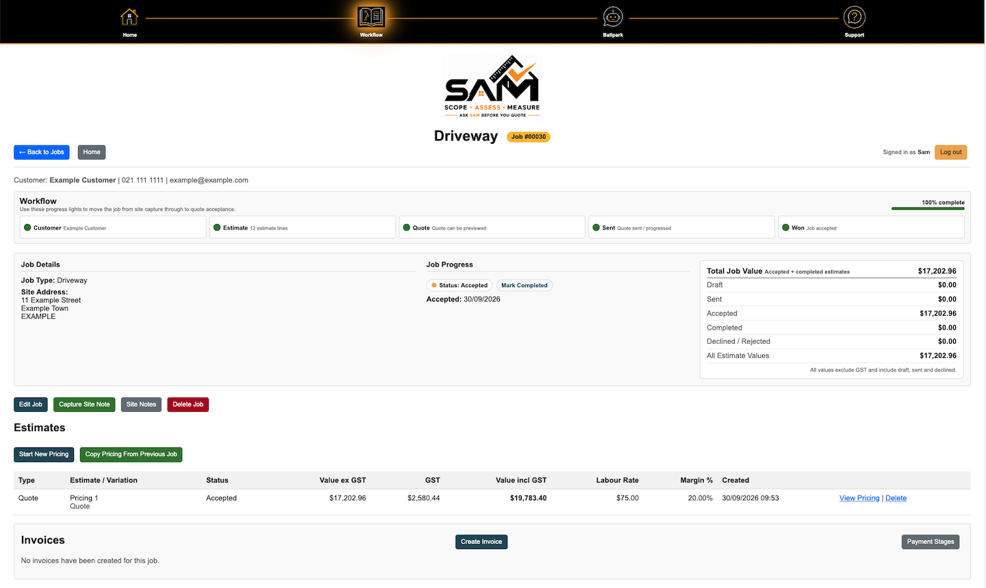 SAM job workspace showing job details, notes, estimates and status