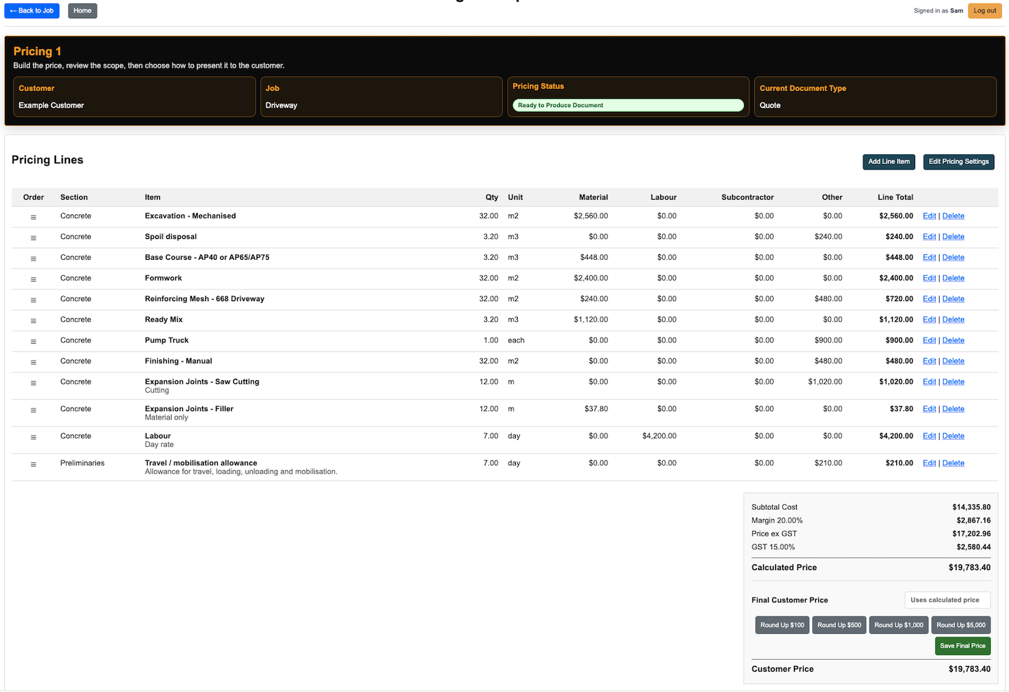 SAM pricing workspace showing builder estimate lines, costs, margin, GST and customer price