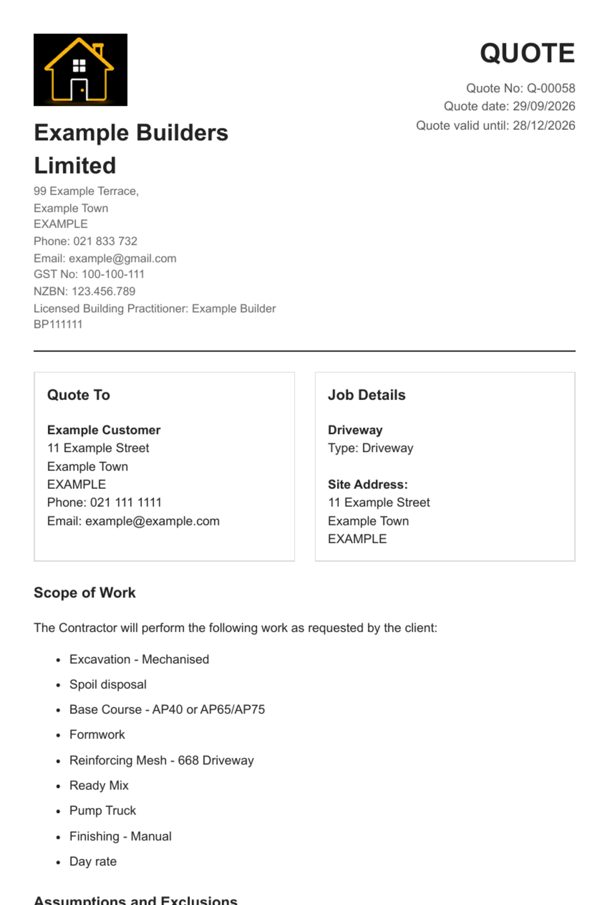 Professional customer quote produced by SAM showing builder details, customer information and scope of work
