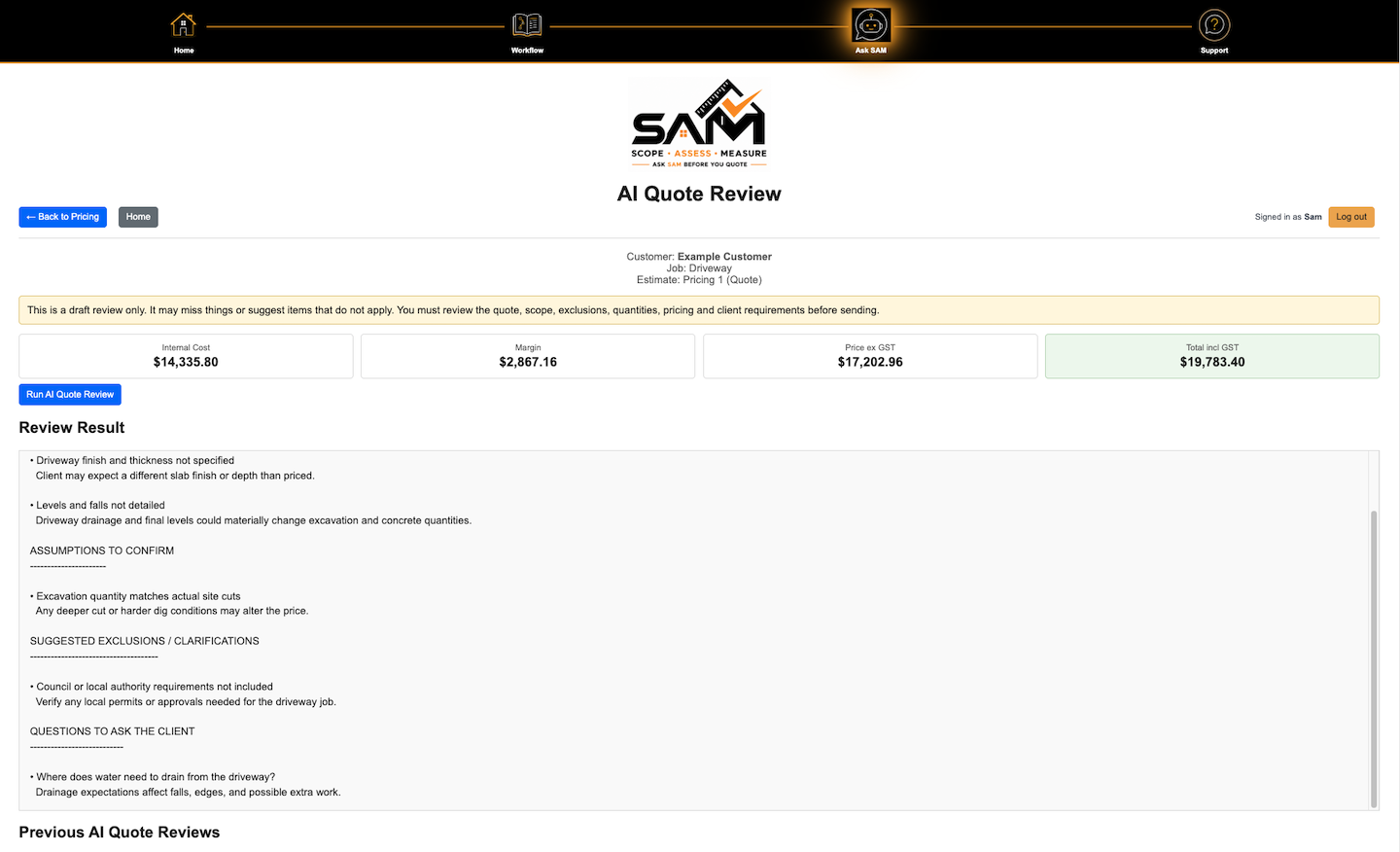 SAM quote review showing scope checks, assumptions and suggested estimate improvements